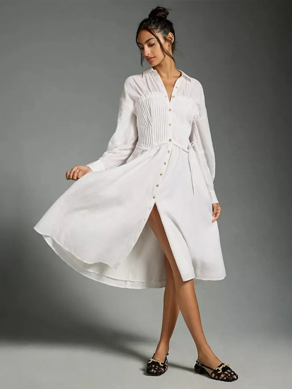 Anthropologie Pilcro White Shirred Corset Buttondown Long Sleeve Midi Dress - Picture 1 of 11